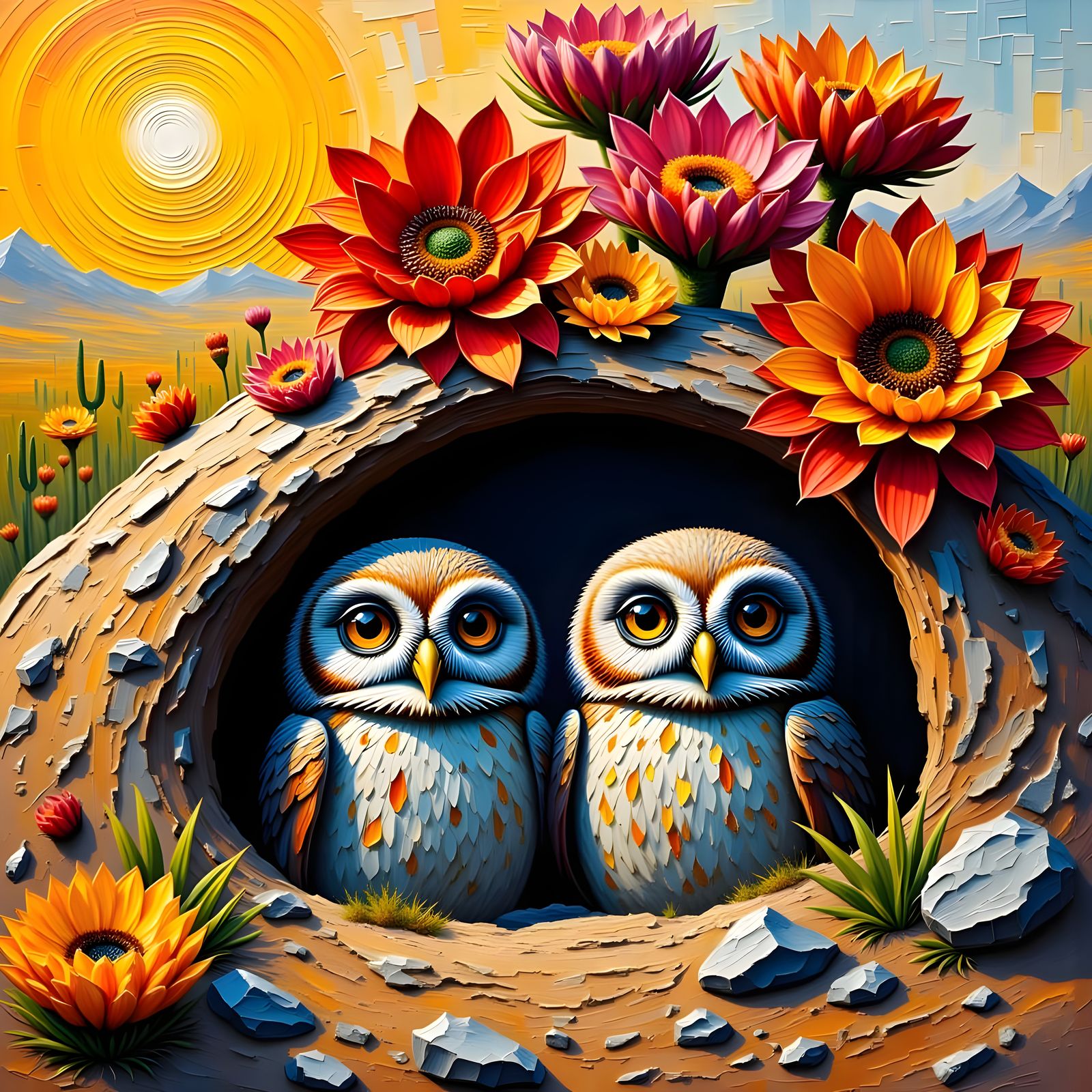 Owls Emerge From Desert Cactus Hole in Impasto Oil Painting