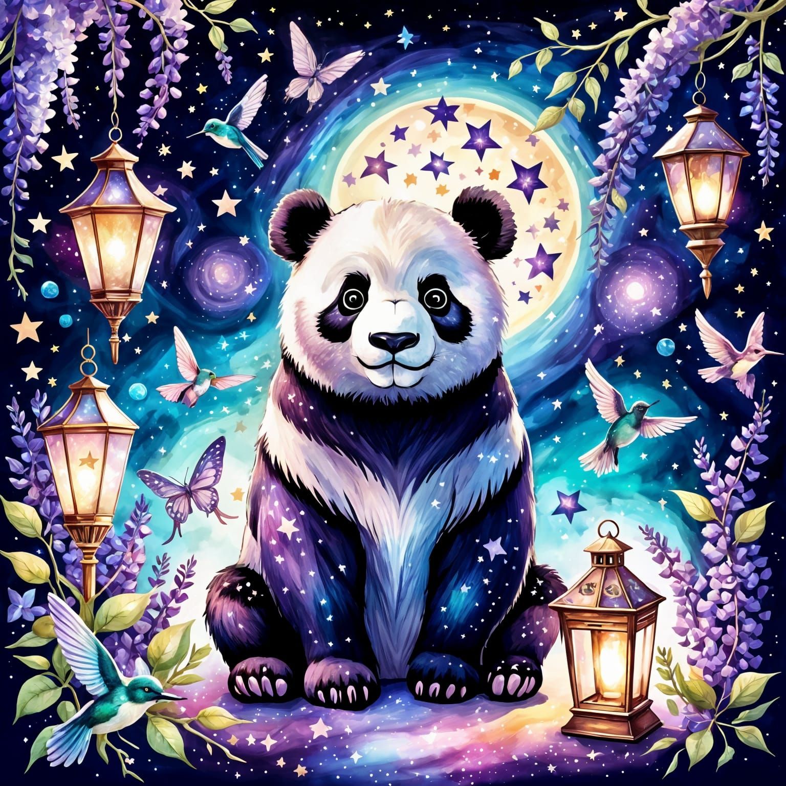 Violet Unicorn and Panda in Night Magic