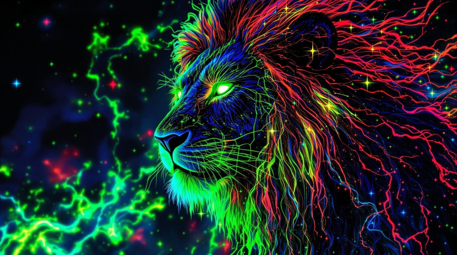 Surreal Technomage Lion in Neon Cosmic Dark Fantasy Style