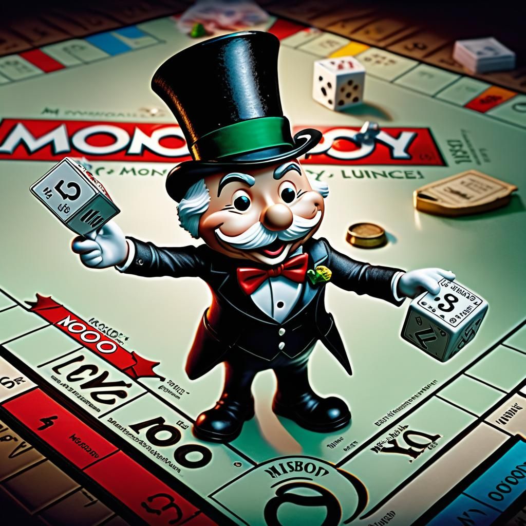 Mr. Monopoly on Game Board, Digital Illustration
