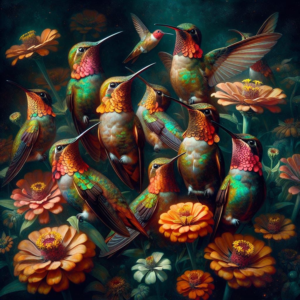 Hummingbirds Gathering Among Zinnia Flowers with Bioluminesc...