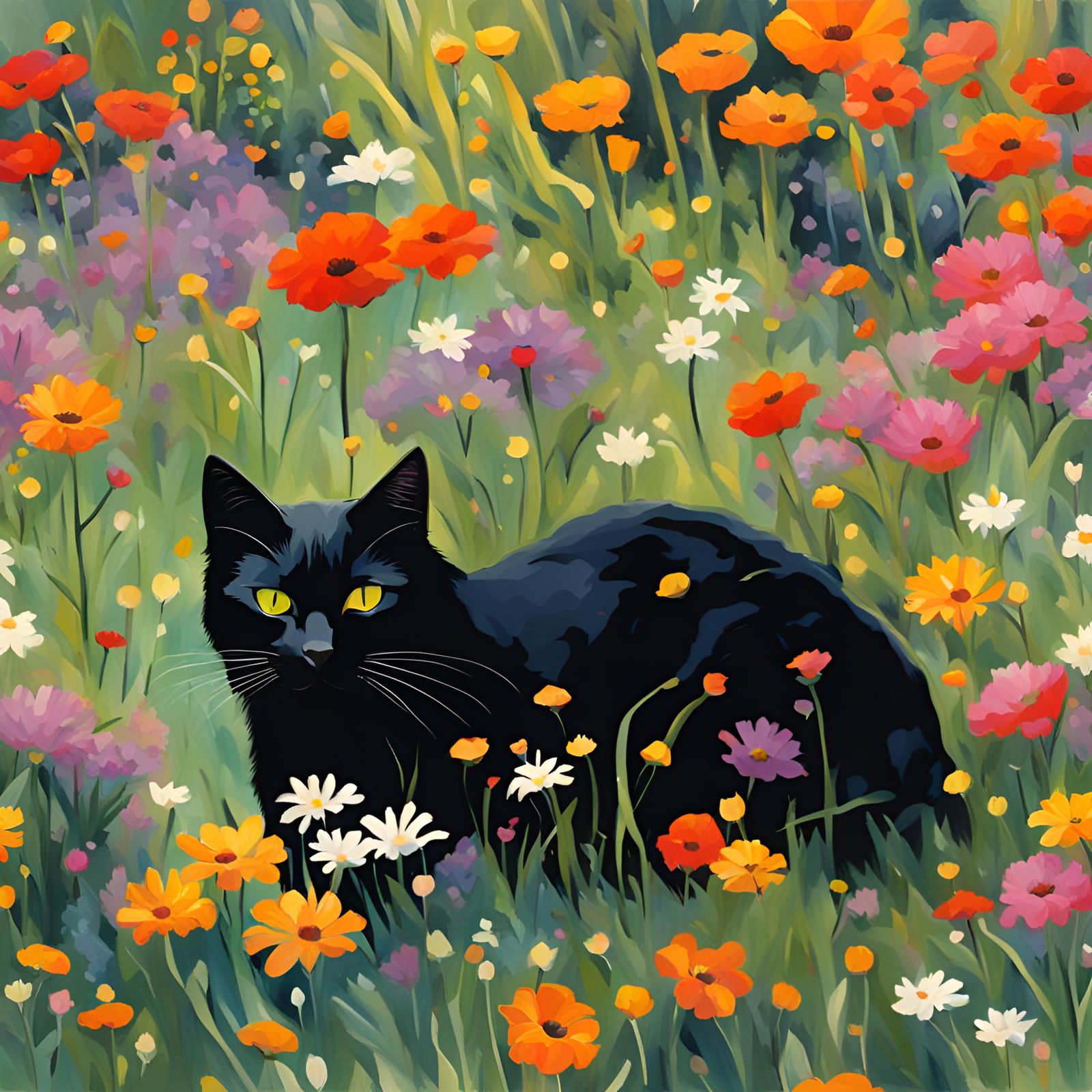 black black cat in a meadow lots flowers
surrounded bright painting simple add shadows
