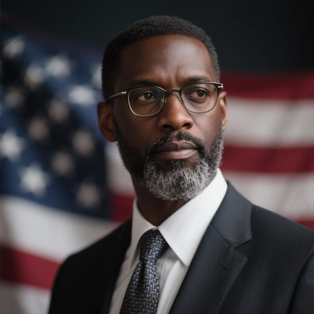 Distinguished Black Man in Suit with Glasses and Flag