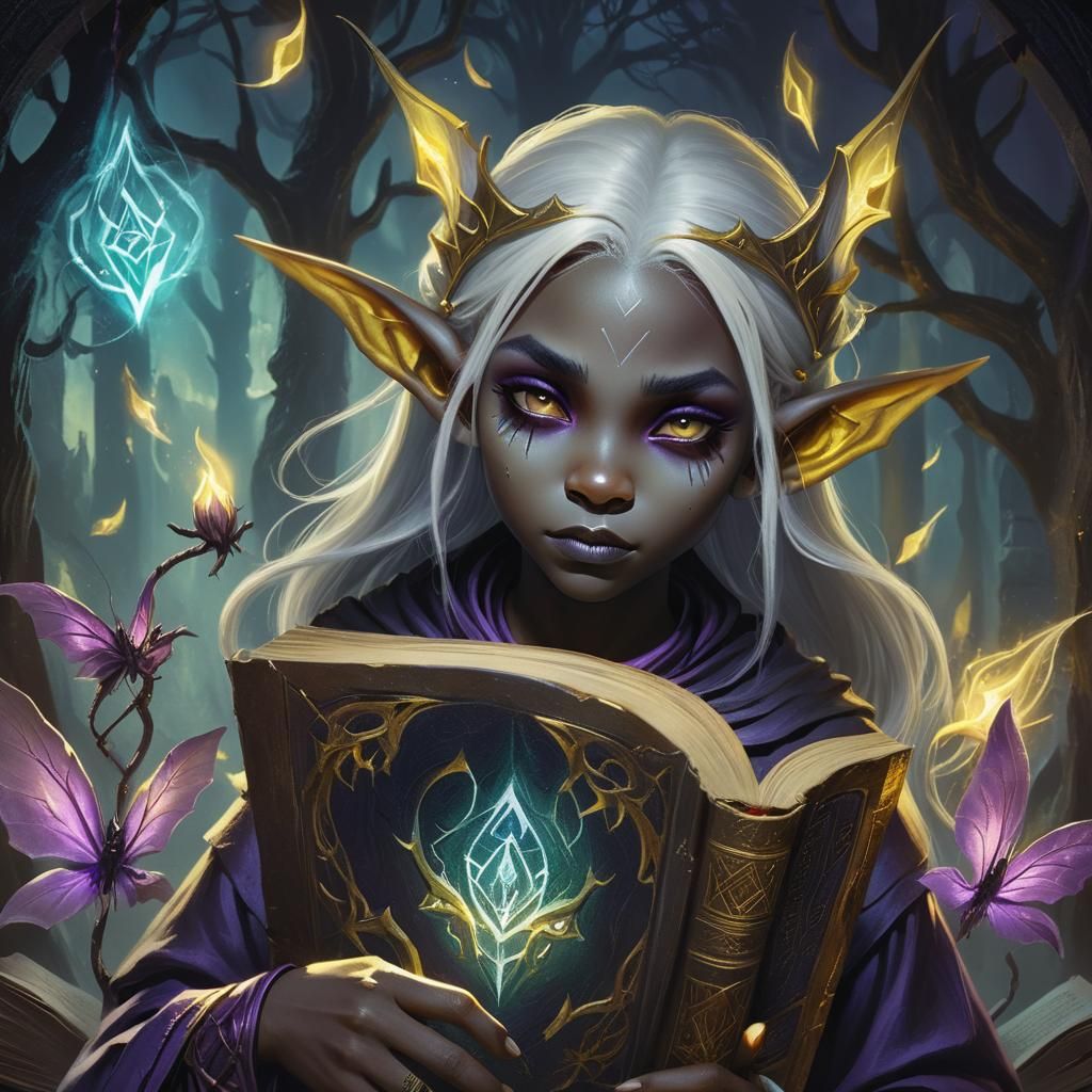 Drow Girl Studying Dark Magic in Hyper-Realistic Style