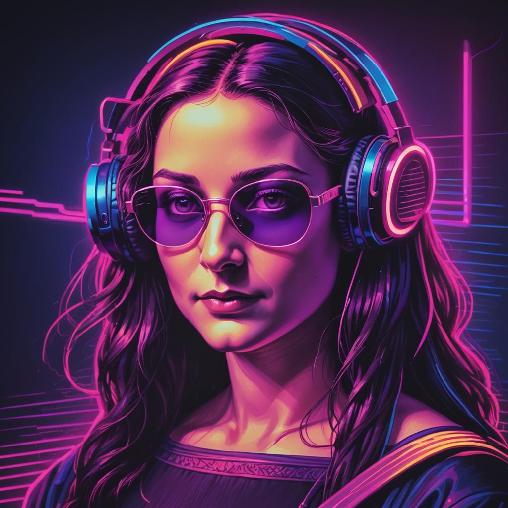Mona Lisa in Synthwave Neon Retro Portrait