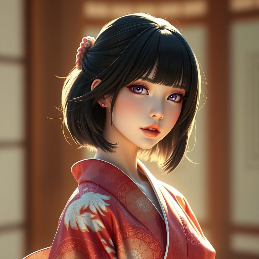 Ethereal Japanese Goddess in Traditional Kimono