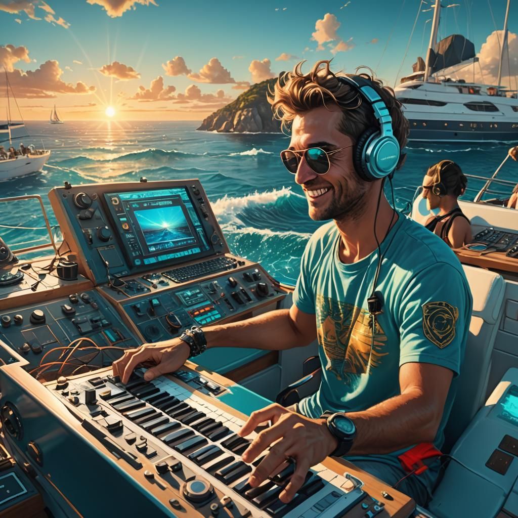 Turquoise Ocean Sunset: Man on Yacht with DJ Equipment