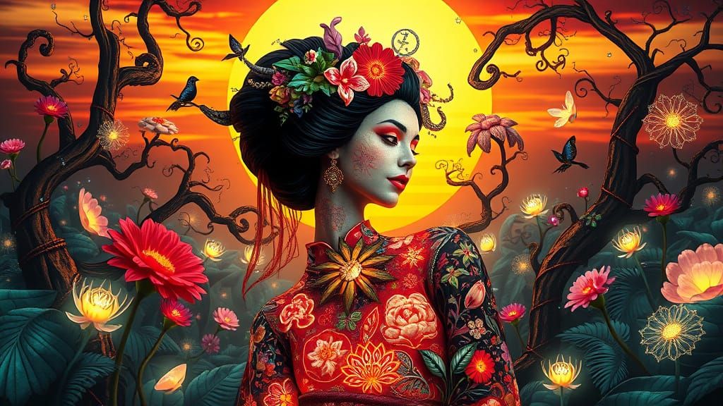 Ethereal Geisha in Dreamlike Landscape with Labyrinth of Lig...