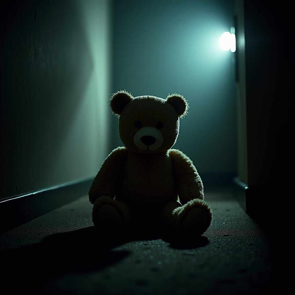 Terrifying Teddy Bear in Dark, Cinematic Horror