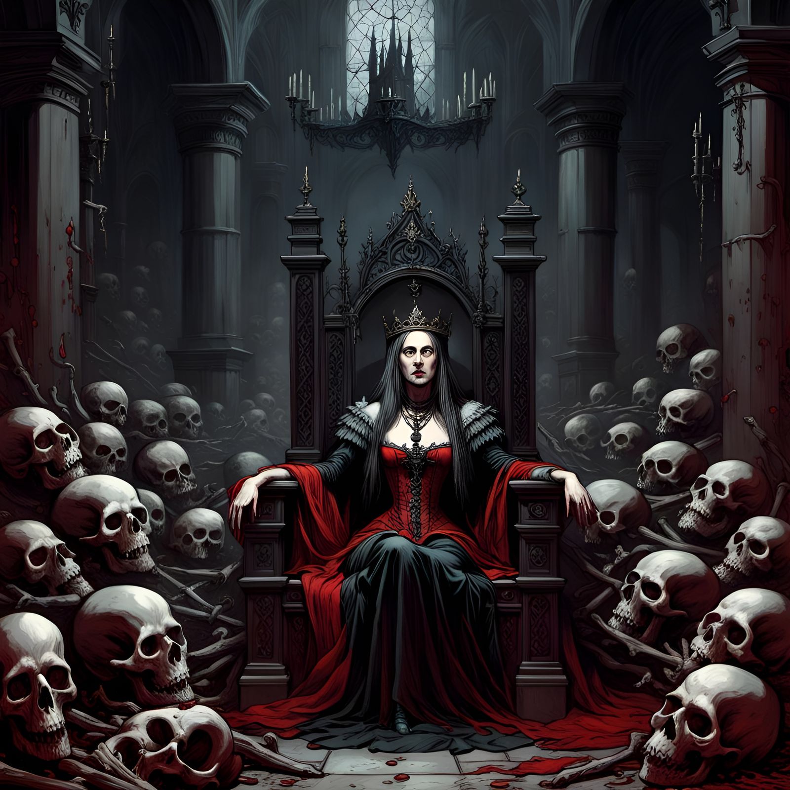 Lady Bathory on Throne of Skulls: Horror Art
