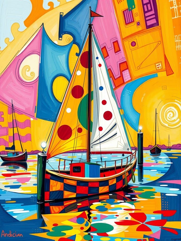 Abstract Sailboat in Harbor with Impasto Brushstrokes