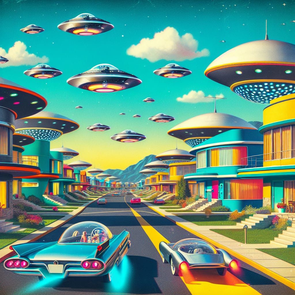 Surreal Futuristic Futurpunk Suburb in Vibrant Retro Style