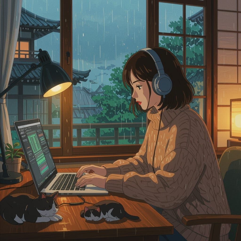 Cozy Lofi Anime Girl Creating Music