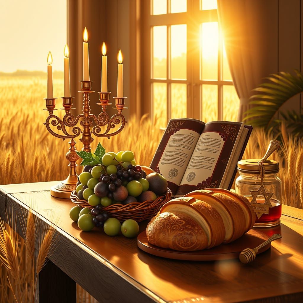 Golden Hour Shabbat Table Scene in Warm, Inviting Style