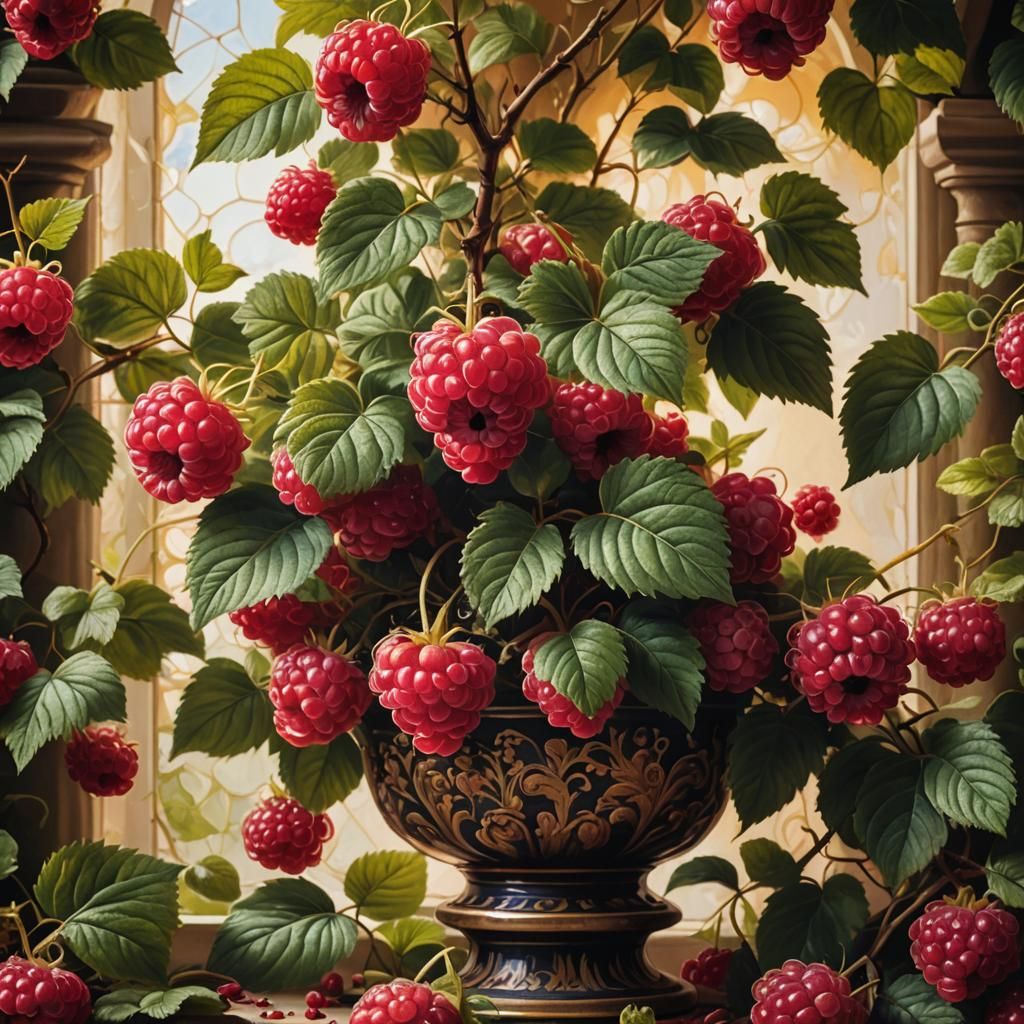 Renaissance Still Life: Luscious Raspberry Bushes