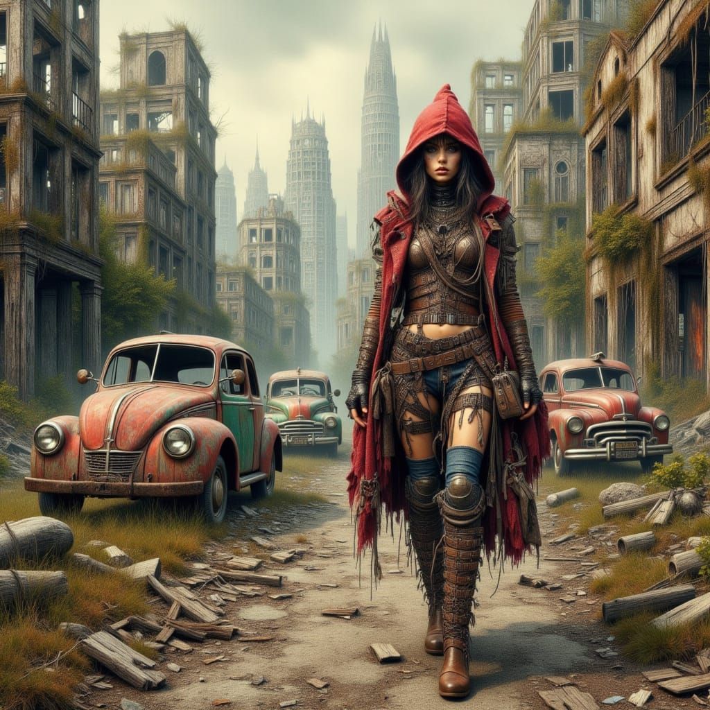 Dystopian Little Red Riding Hood in Retro-Futuristic Citysca...