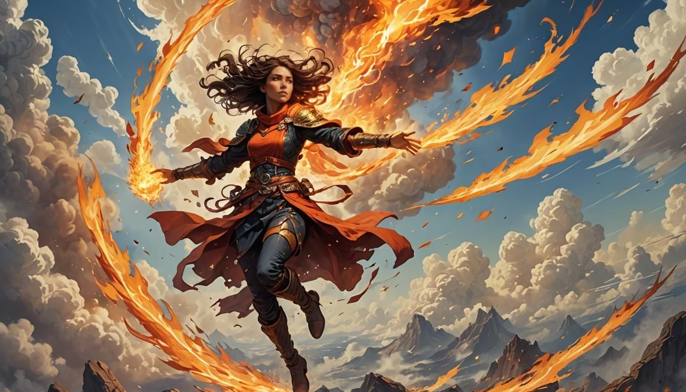 Fiery Woman Flies Through Clouds: Fantasy Art