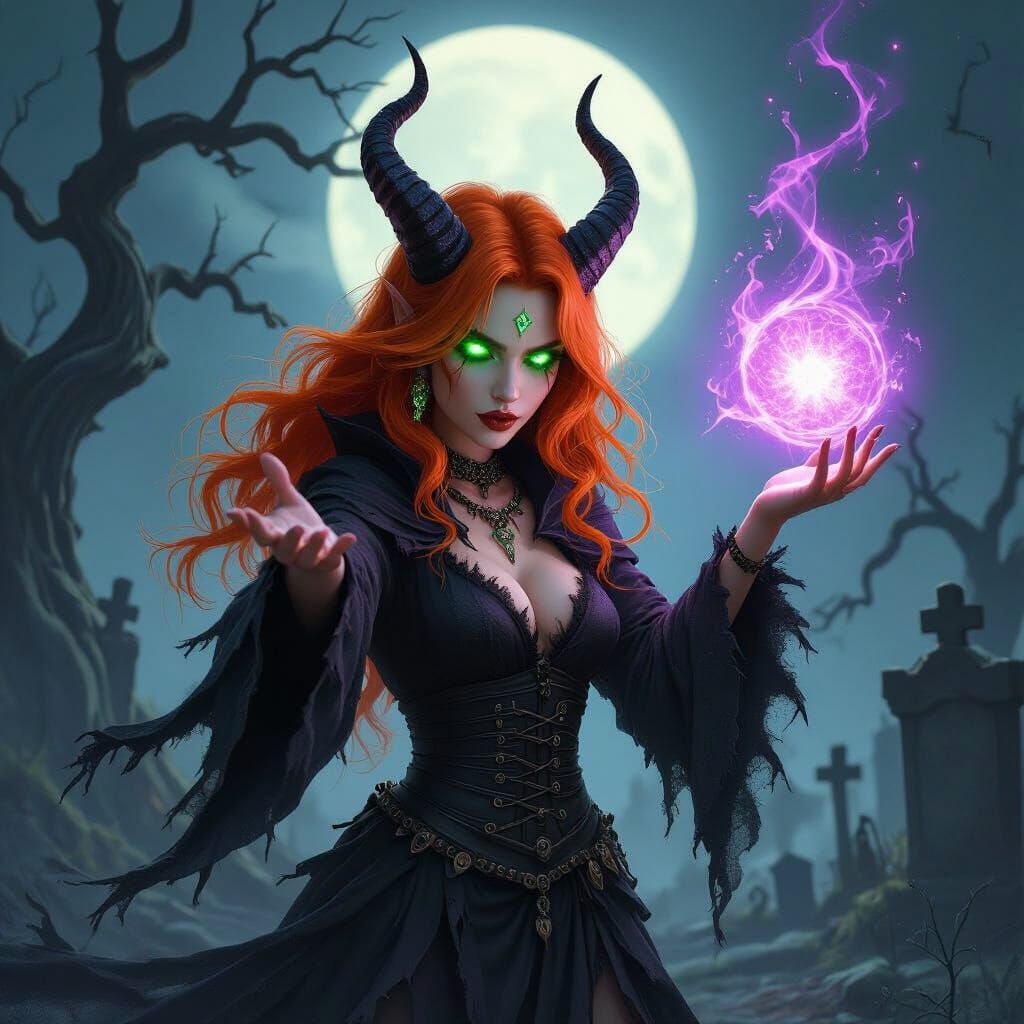 Demon Witch Casting Purple Spell in Moonlit Graveyard