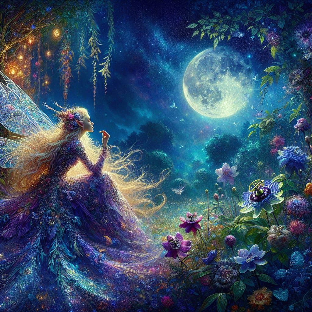 Mystical Fairy in Verdant Garden Under Full Moon