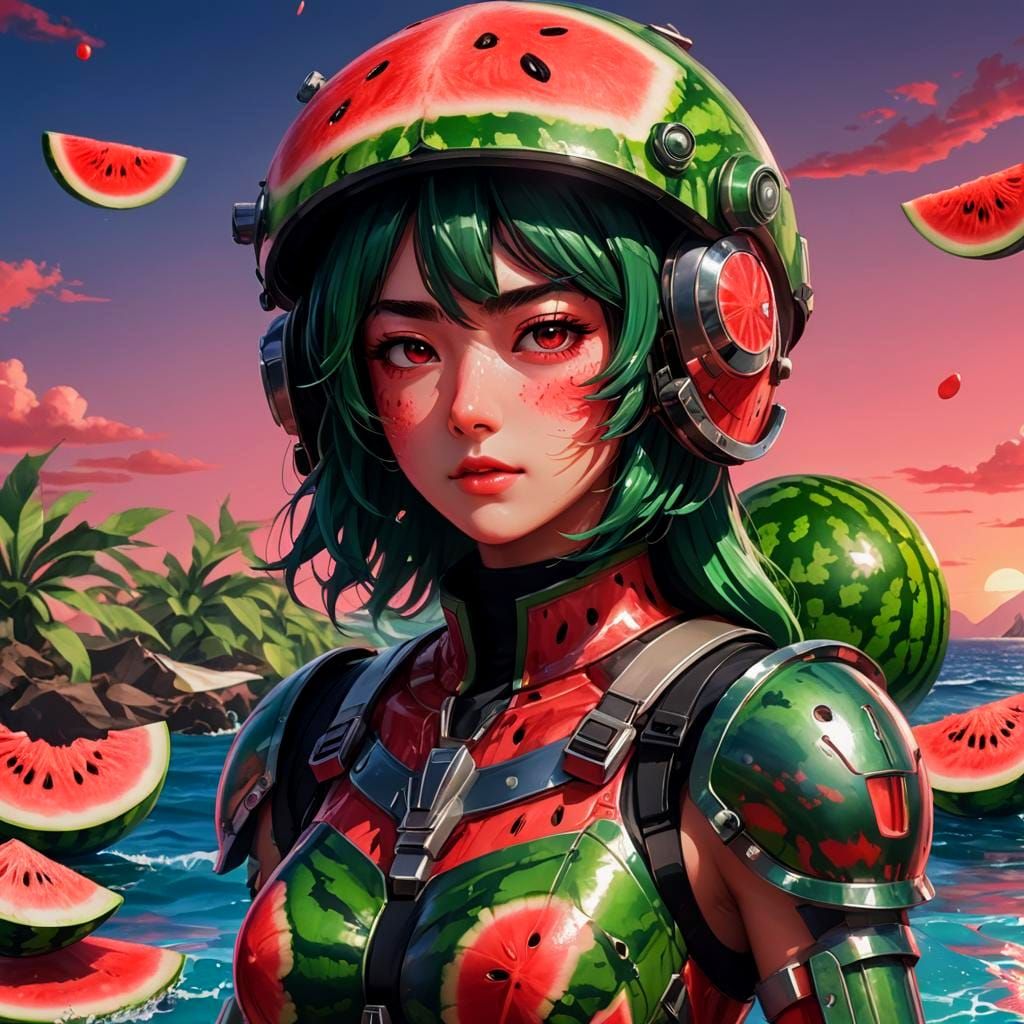 Watermelon Armor Anime Girl in Cel-Shaded Style