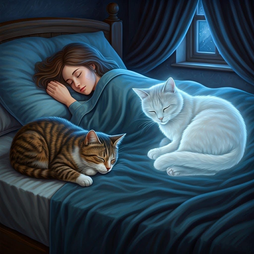 Ethereal Ghost Cat in Moonlit Bedroom Scene