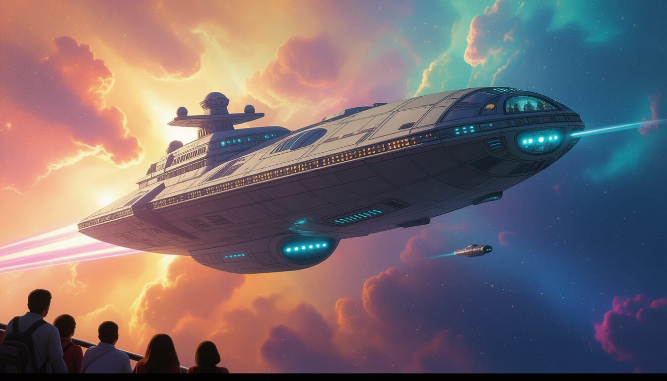 Galactic Starcruiser Gliding Through Nebula