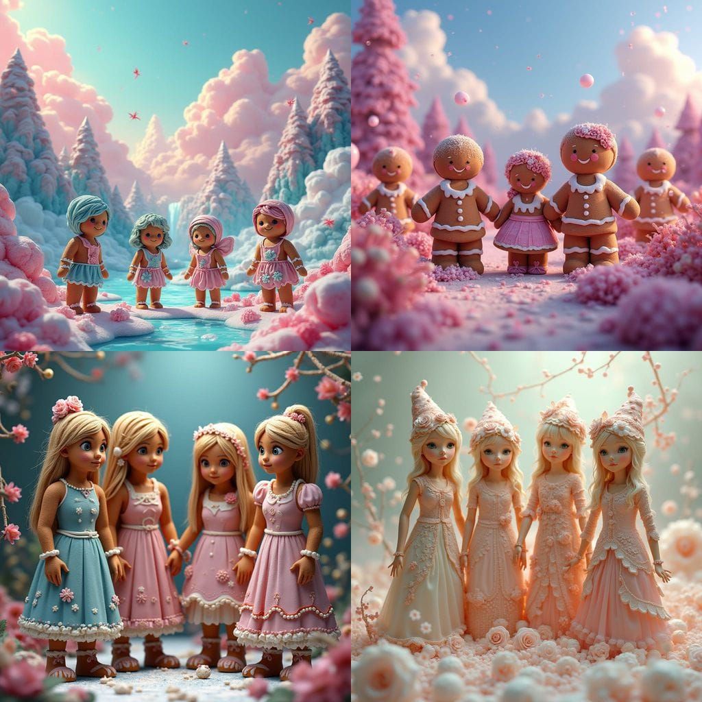 4 Gingerbread Women in Whimsical Splendor, Matte Painting, F...
