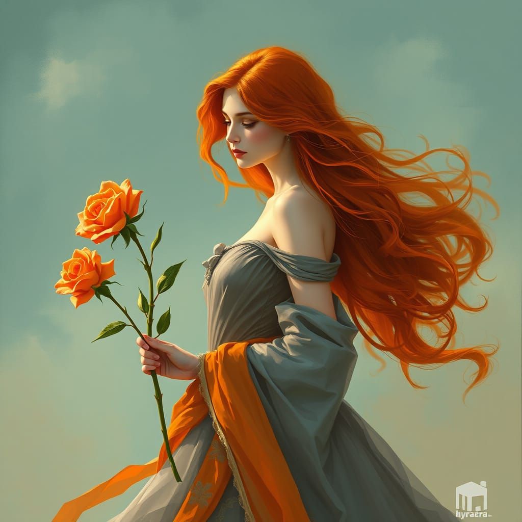 A captivating painting of a female character with fiery red ...