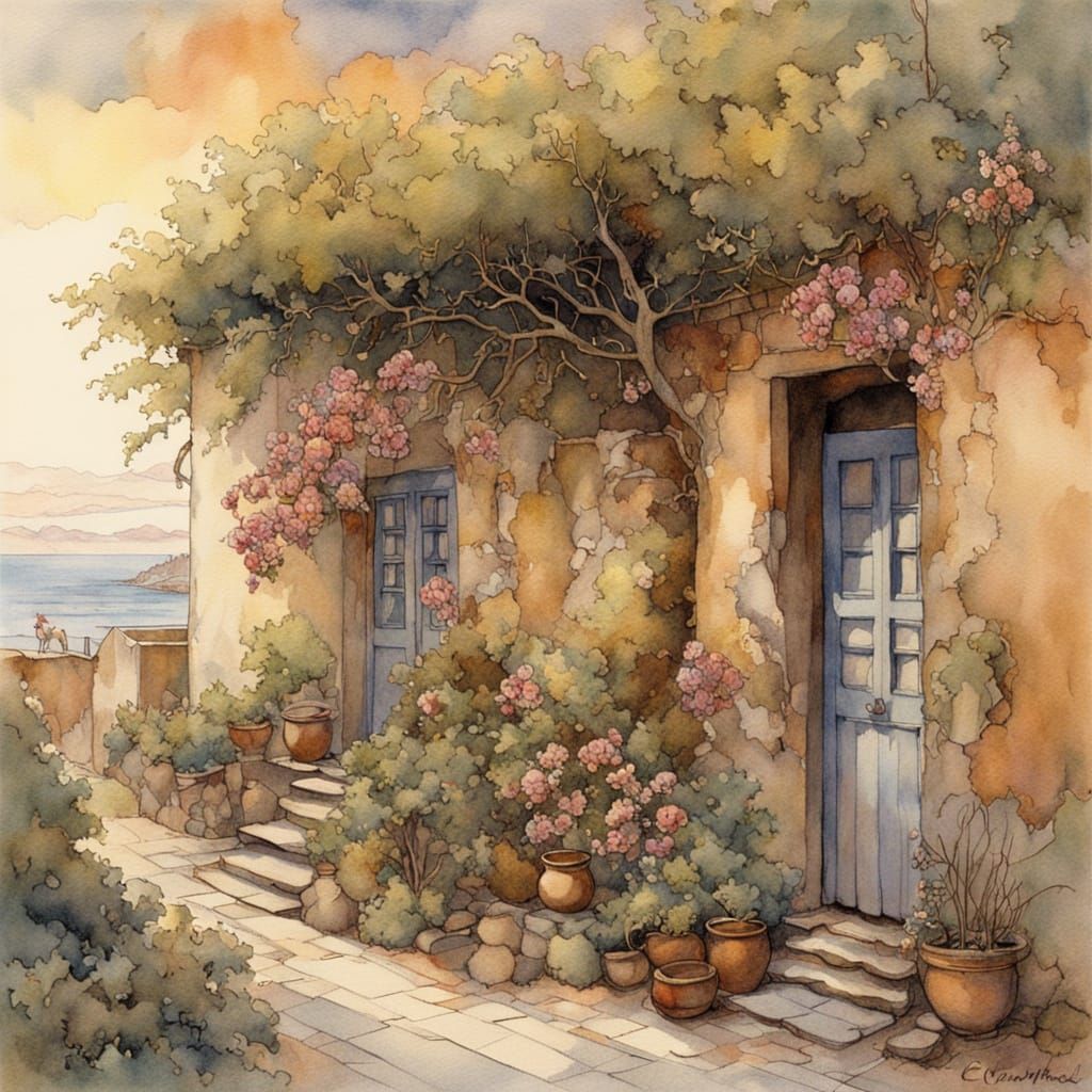 Aegean House with Bougainvillea in Watercolor Style