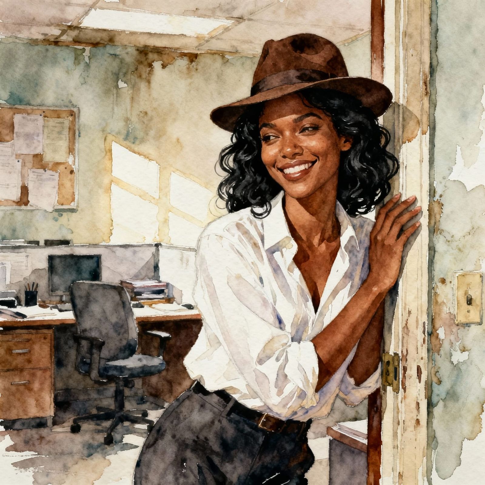 Playful Watercolor of Woman in Fedora in Shabby Office