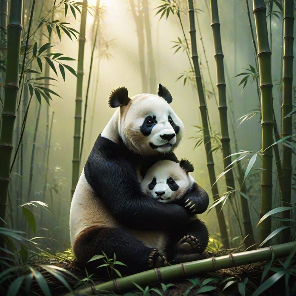 Serene Panda Mother and Baby in Lush Bamboo Forest