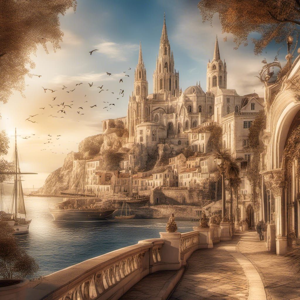 Baroque Cathedral Overlooking Bustling Sea Port