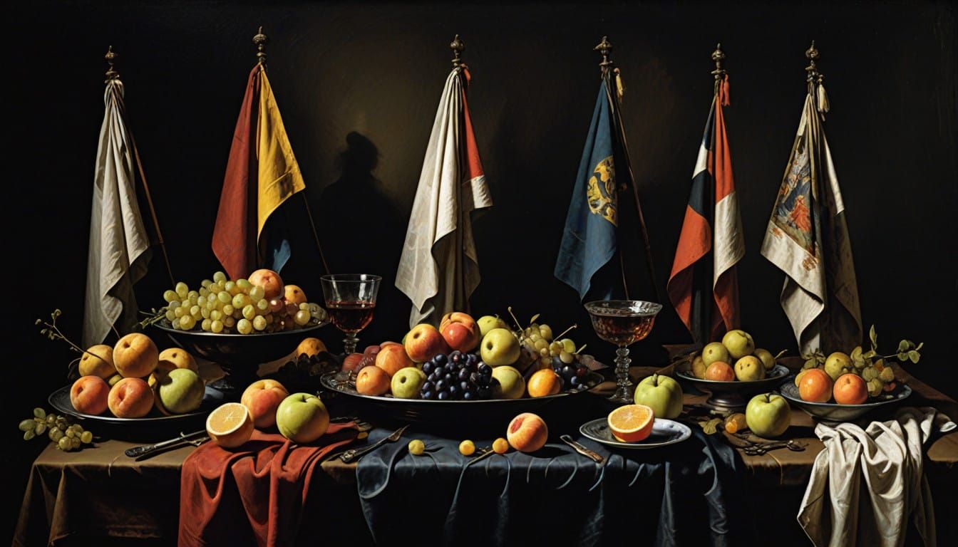 Chiaroscuro Still Life with Vibrant Flags