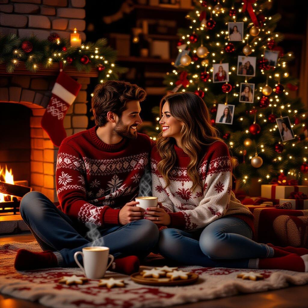 Cozy Couple by Fireplace in Warm Christmas Scene