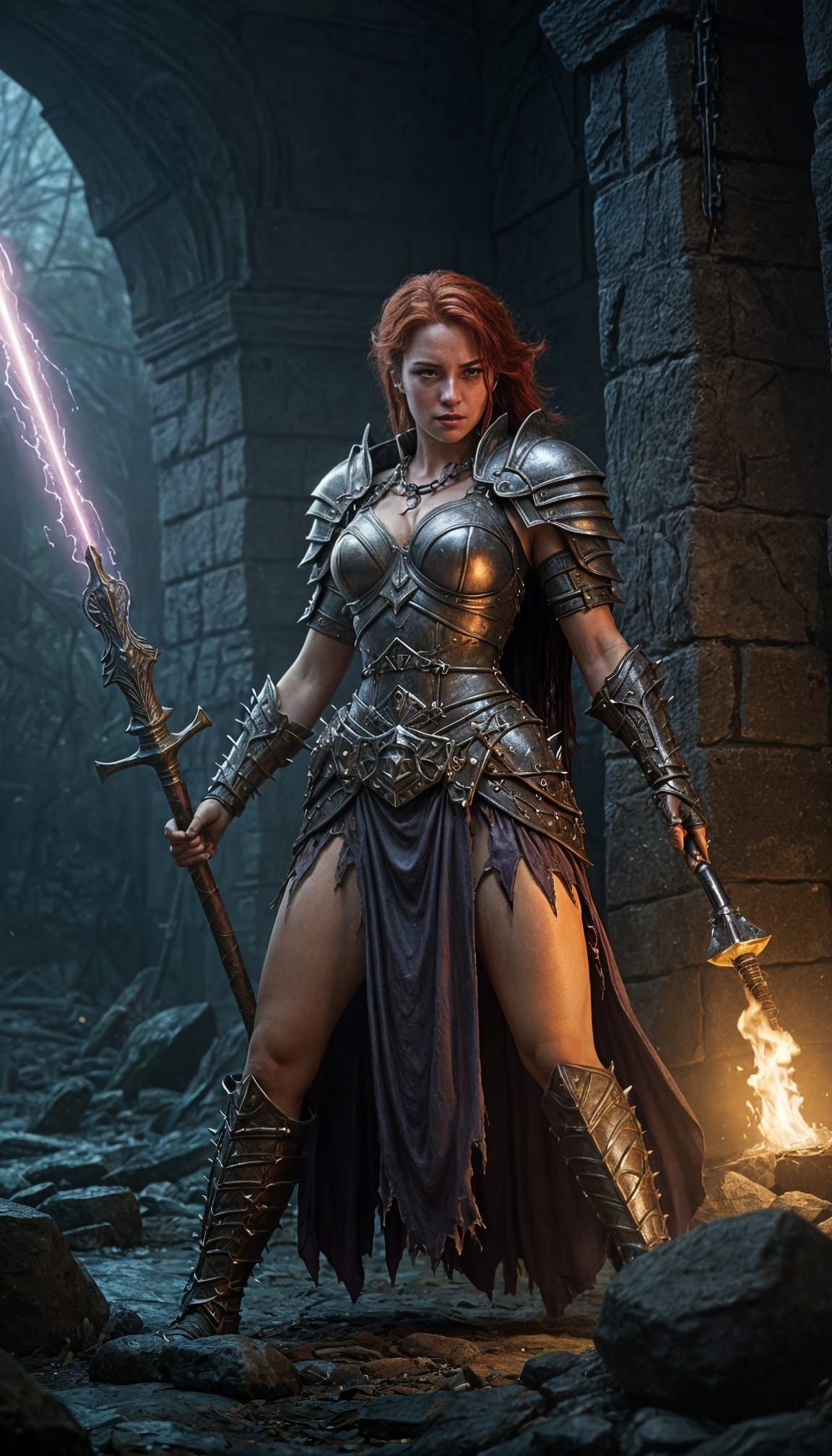 Grim Paladins Defend Captives from Ogre in Dark Fantasy Scen...