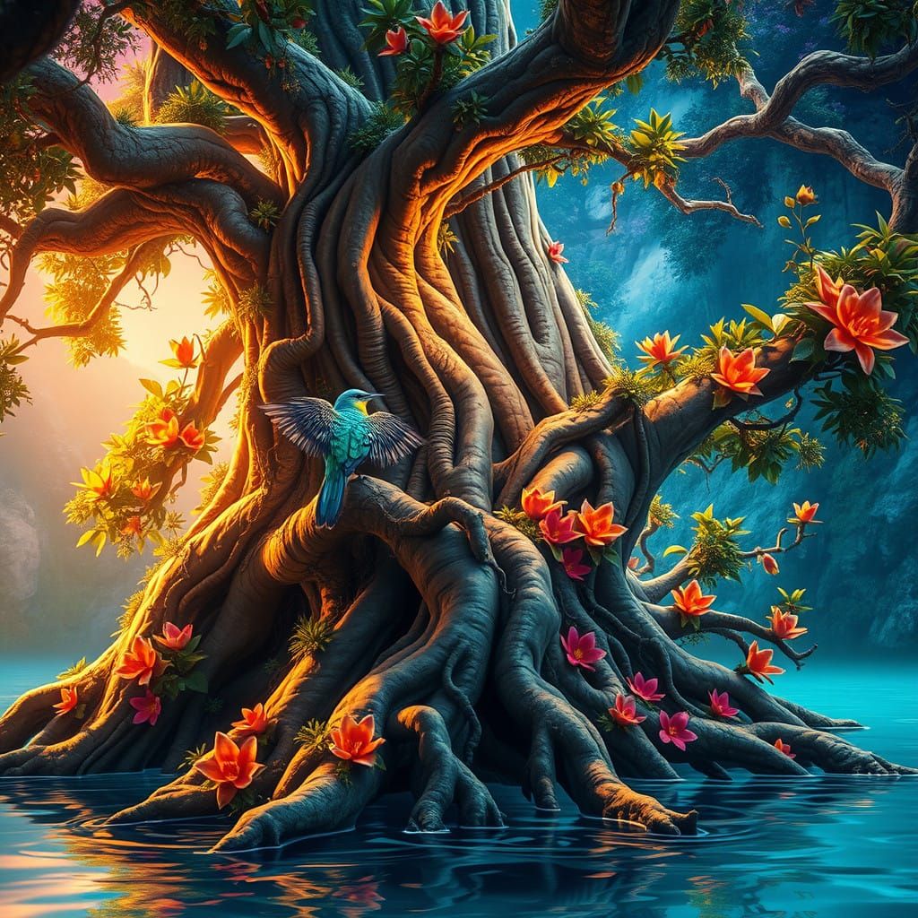 Bird in a Majestic Tree by the Water, Searching for Sustenan...