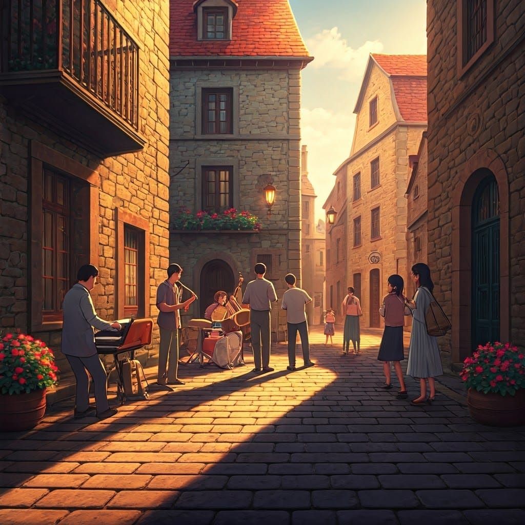 Vibrant Jazz Street Performance in Quaint European Town