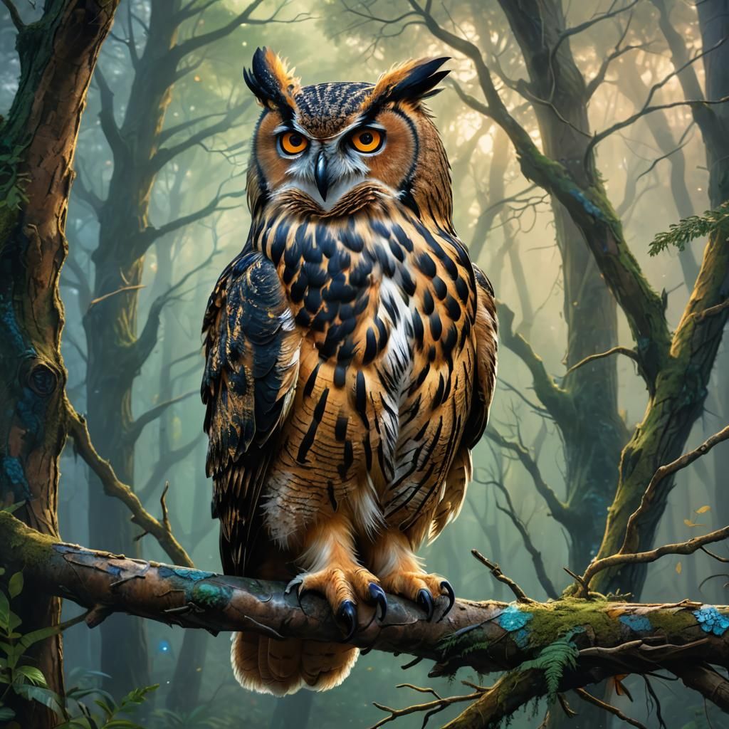 Indian Eagle Owl in Mystical Forest, Art Nouveau