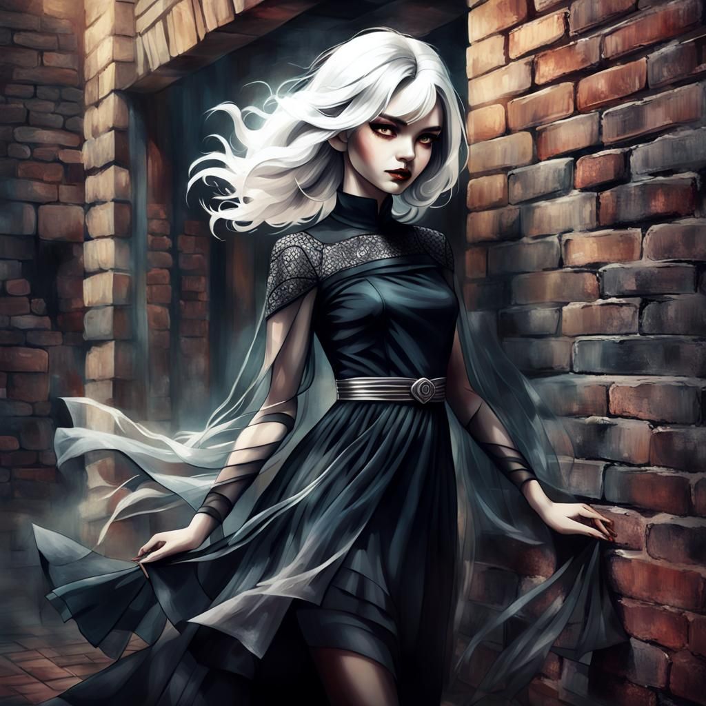 A stunning cinematic portrait featuring a mysterious woman against a brick wall. She wears a black d...