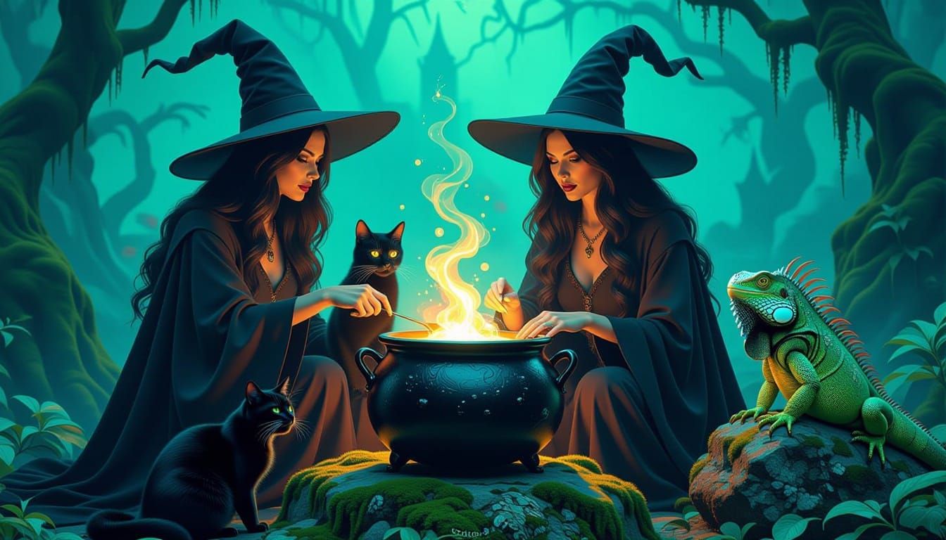 Witches Stirring Cauldron with Cat and Iguana in Ethereal Li...