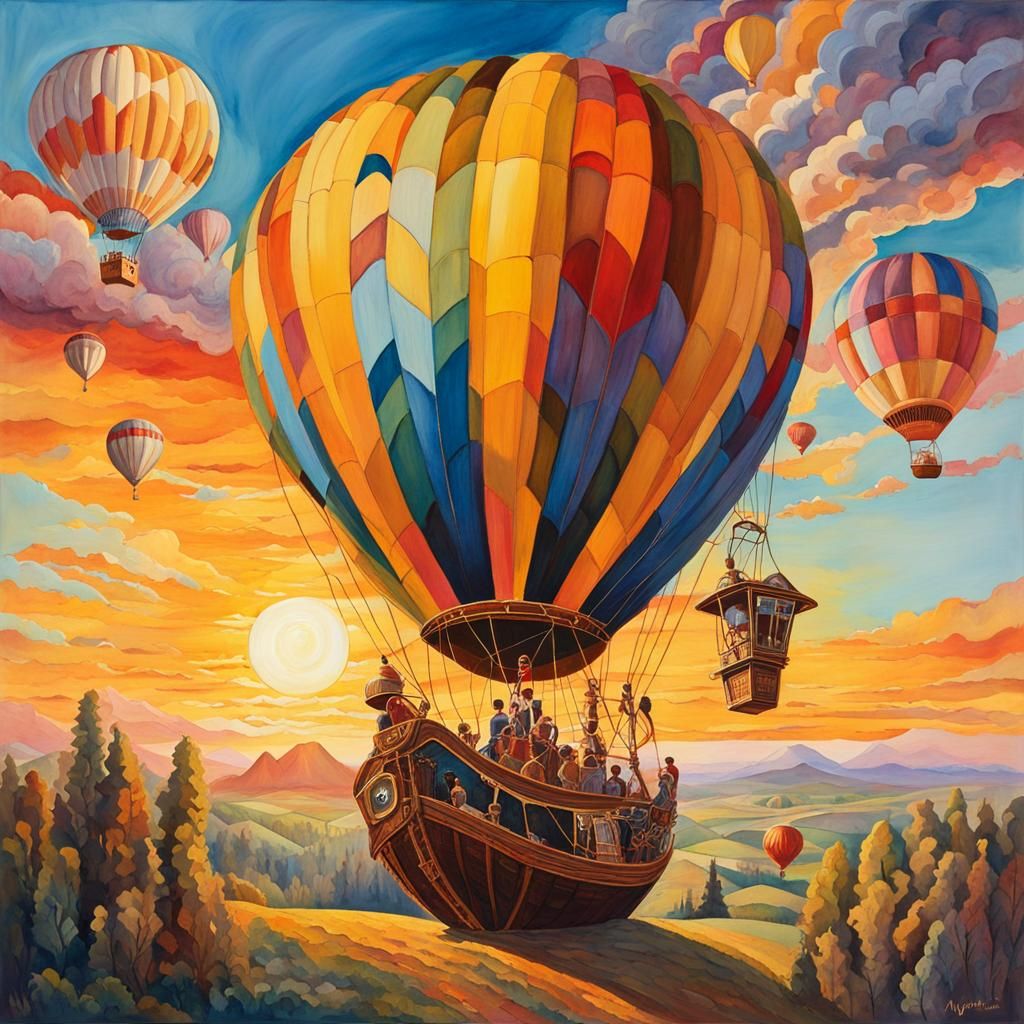Steampunk Hot Air Balloon Exploration in Gouache Style
