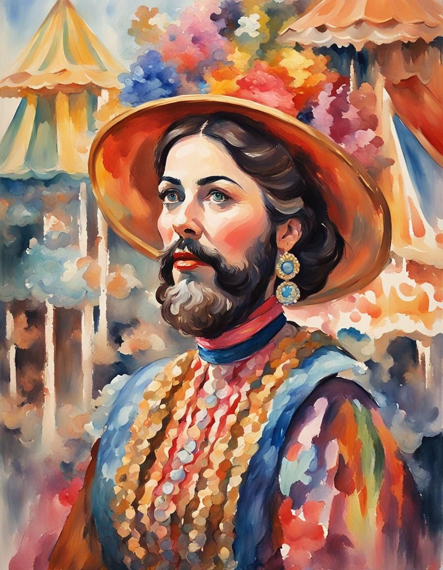 Bearded Lady Portrait in Gouache Watercolor Style