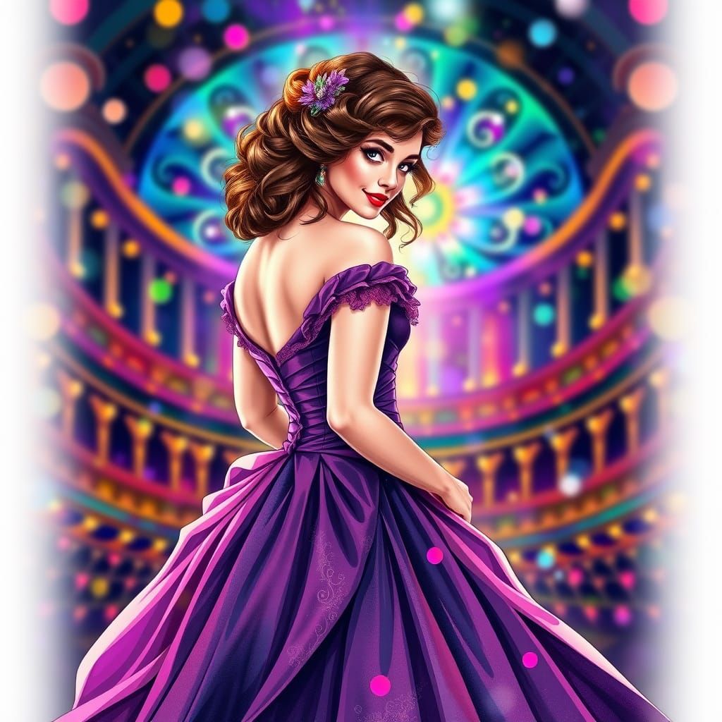Beautiful Woman in Purple Dress with Bokeh, in Vector Art