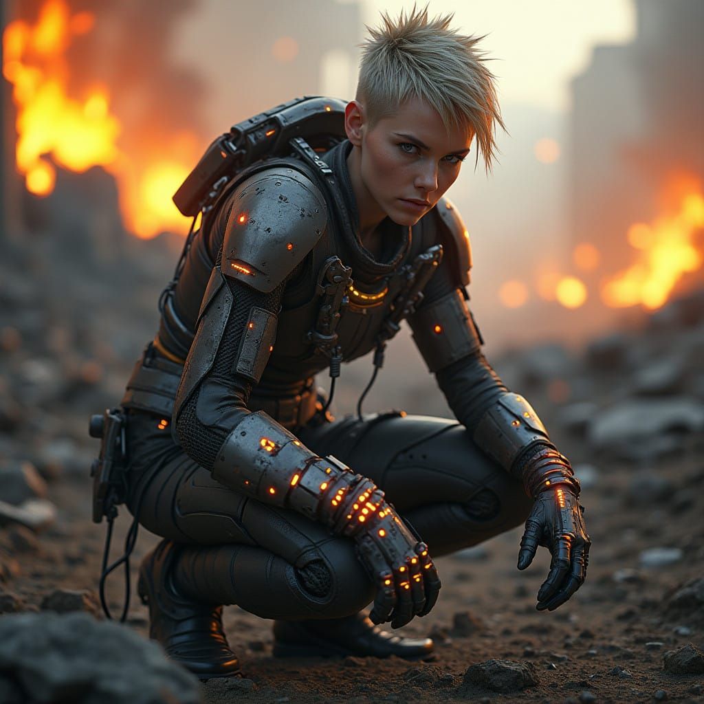 Rugged Female Warrior in Post-Apocalyptic Landscape with Met...