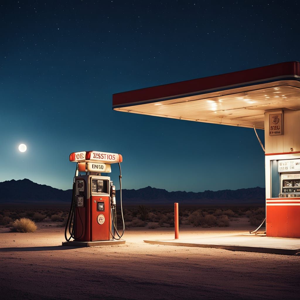 Night view of an old, dilapidated gas station in a deserted ...