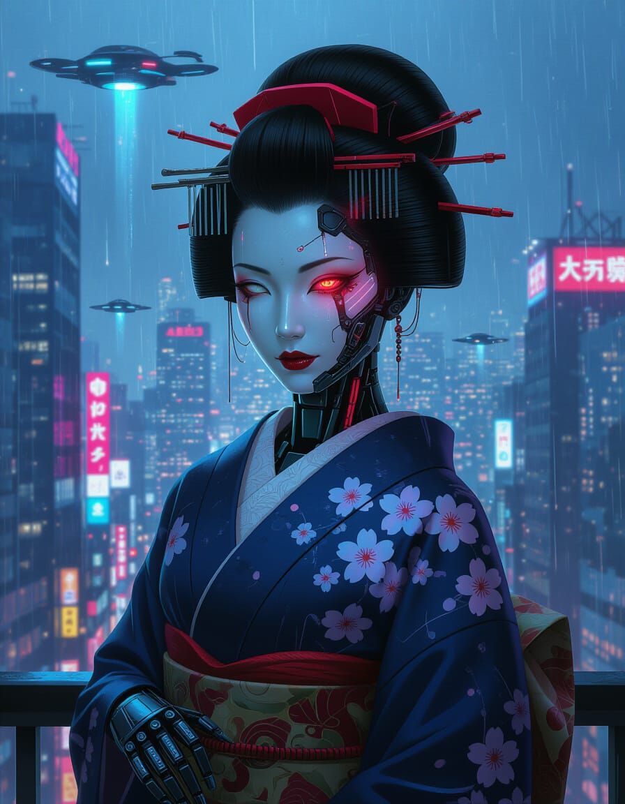 Cyborg Geisha in Futuristic Tokyo, Cyberpunk Style