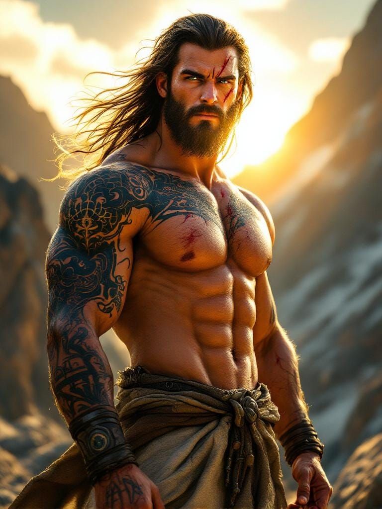 Mythical Demigod on Mountain Peak in Heroic Pose