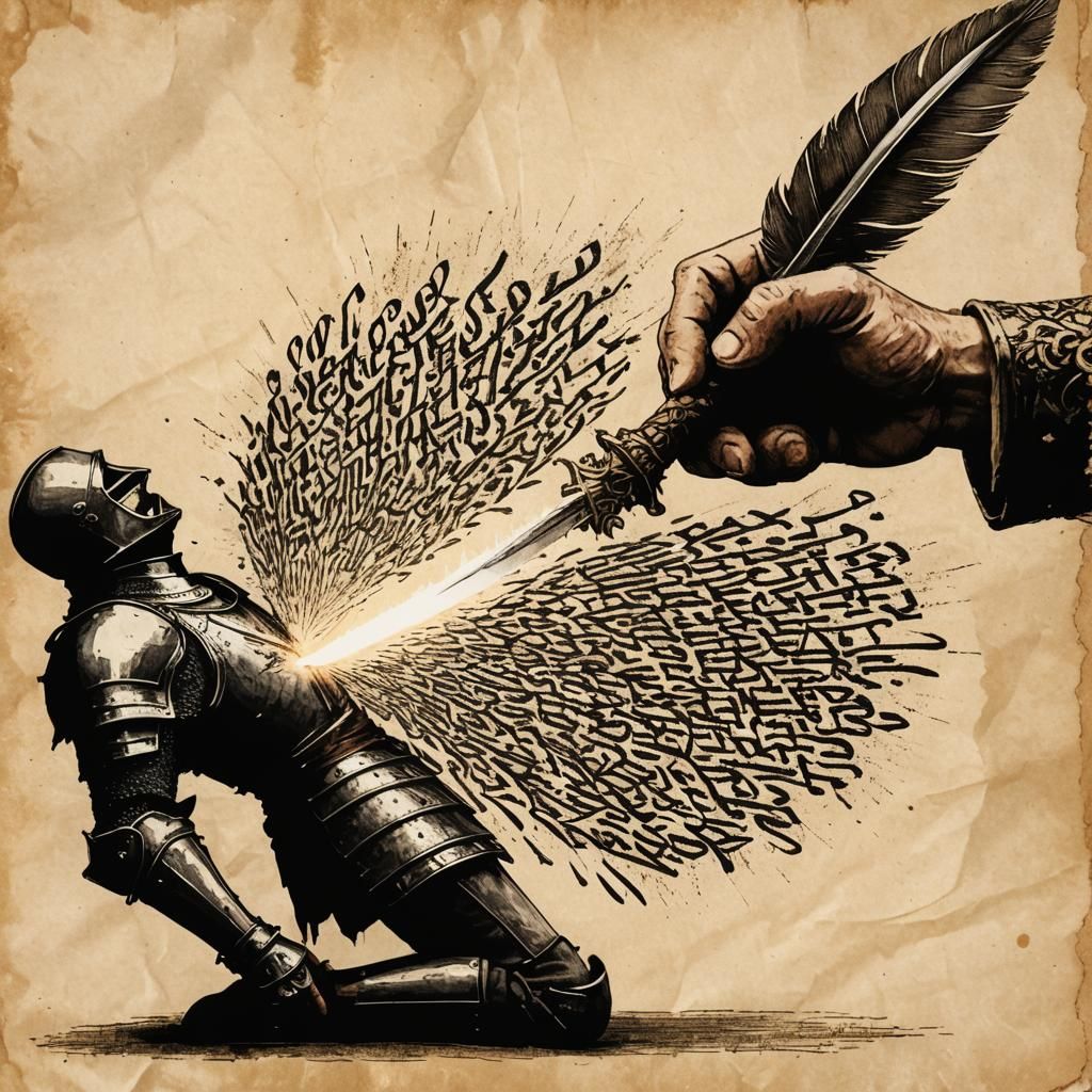 Hand with Quill Pierces Knight: Calligraphy Collage