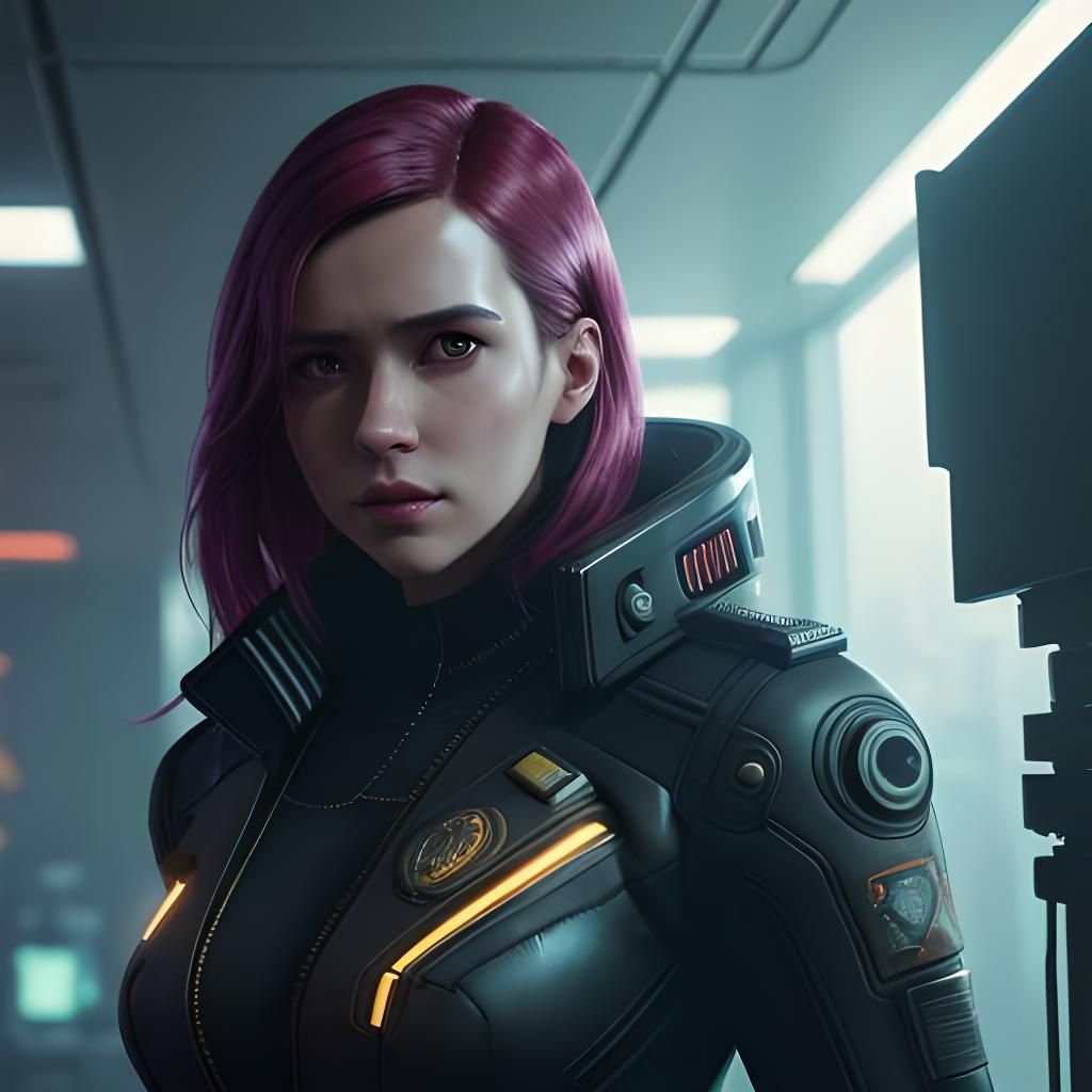 Cyberpunk Ship Captain Portrait in Sci-Fi Office