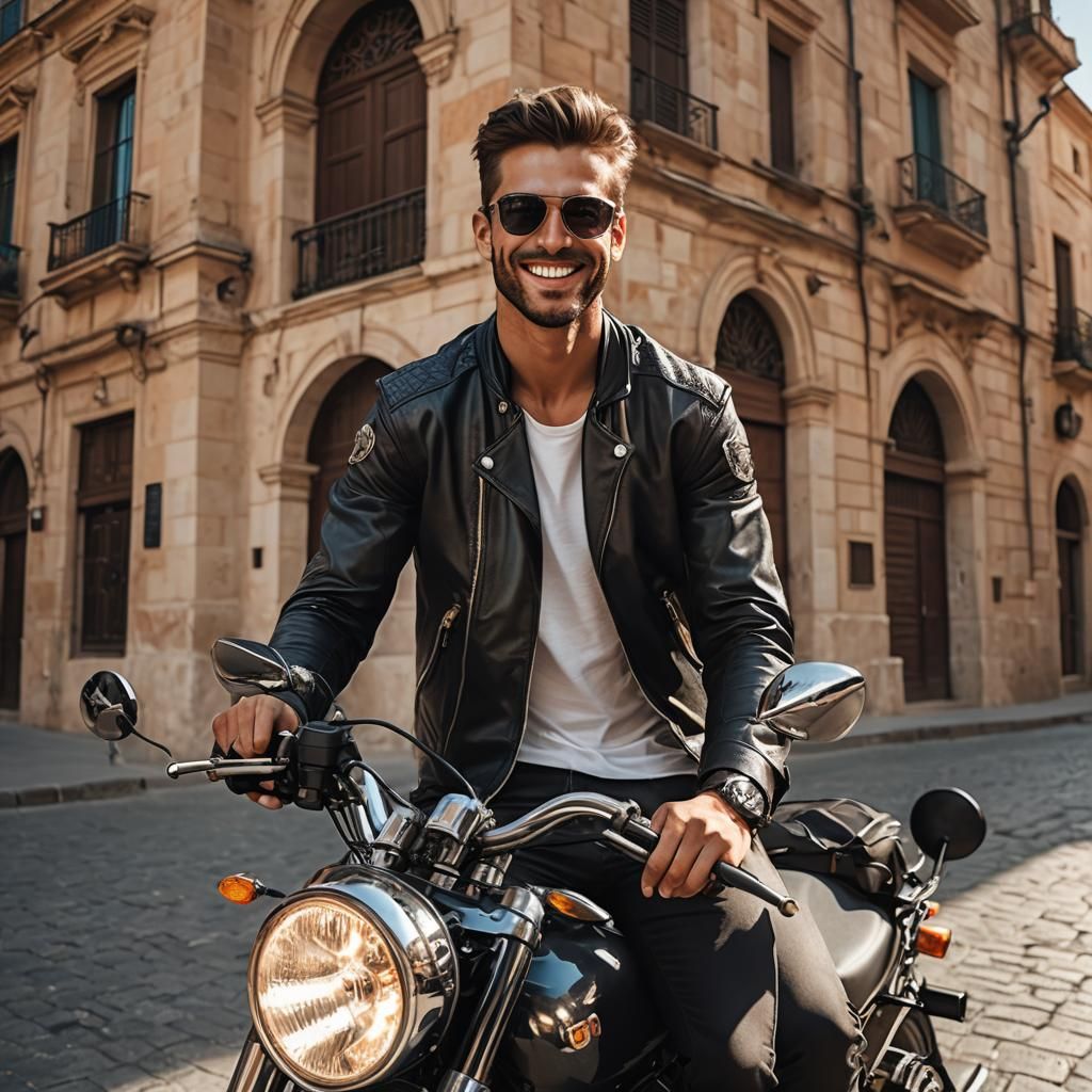 Handsome Biker with Alluring Smile in City